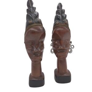 Vintage African Tribal Head Wood Busts Pair Hand Carved 9 in tall Wire Accents